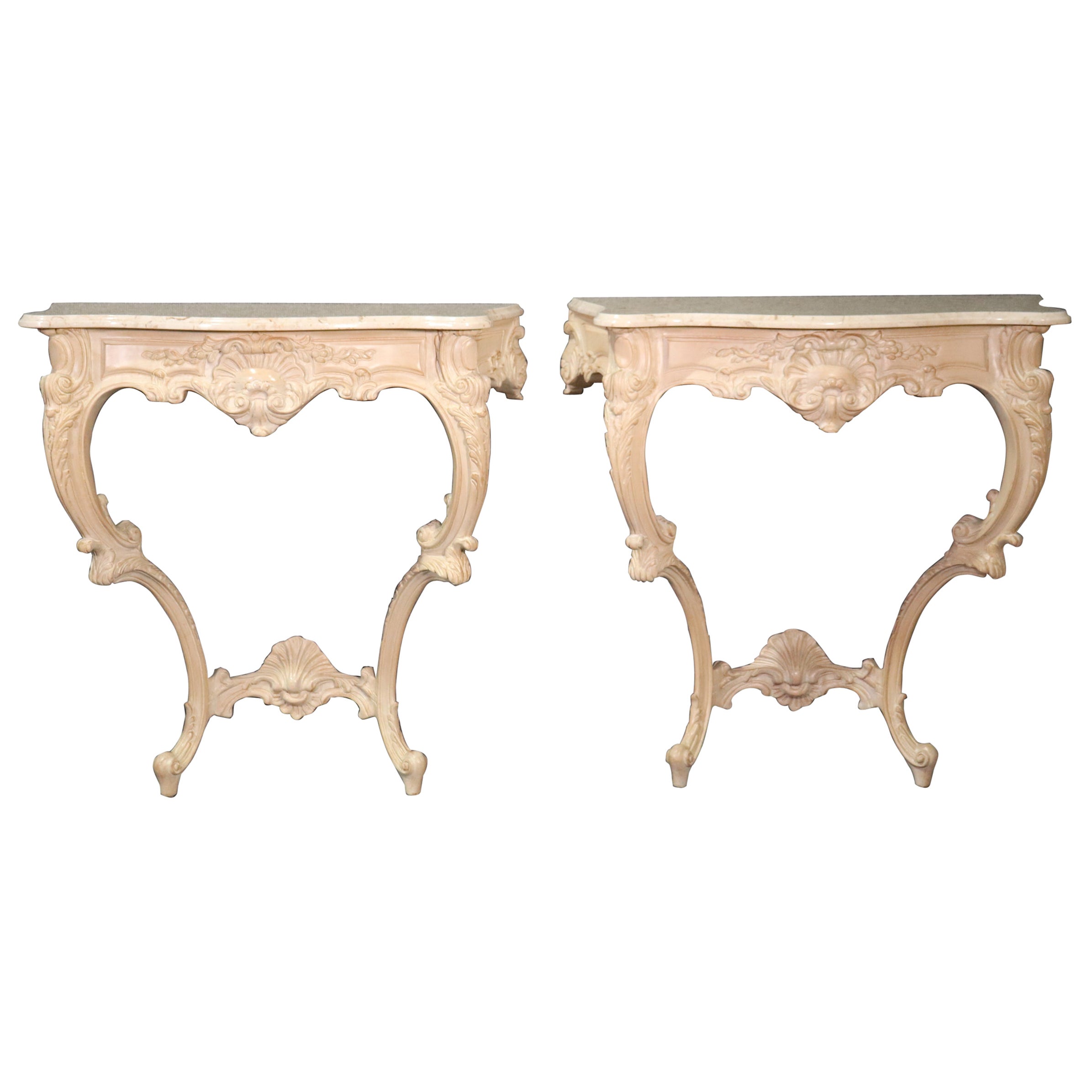 Pair of French Walnut Marble Top Wall Mounted Consoles For Sale at 1stDibs