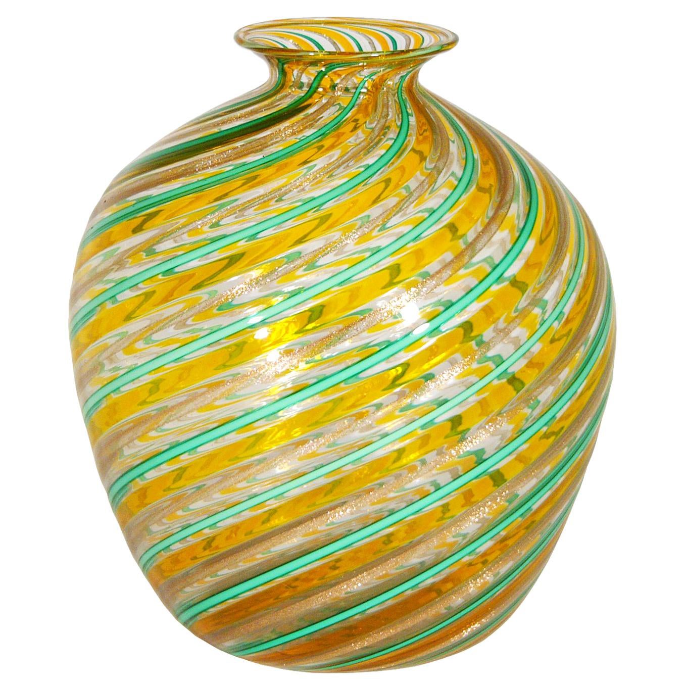 Aquamarine, Orange and Gold Leaf 1970s Murano Glass Vase by F.lli Toso For Sale