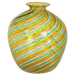 Vase en verre de Murano des années 1970, aigue-marine, orange et feuille d'or, par F.lli Toso