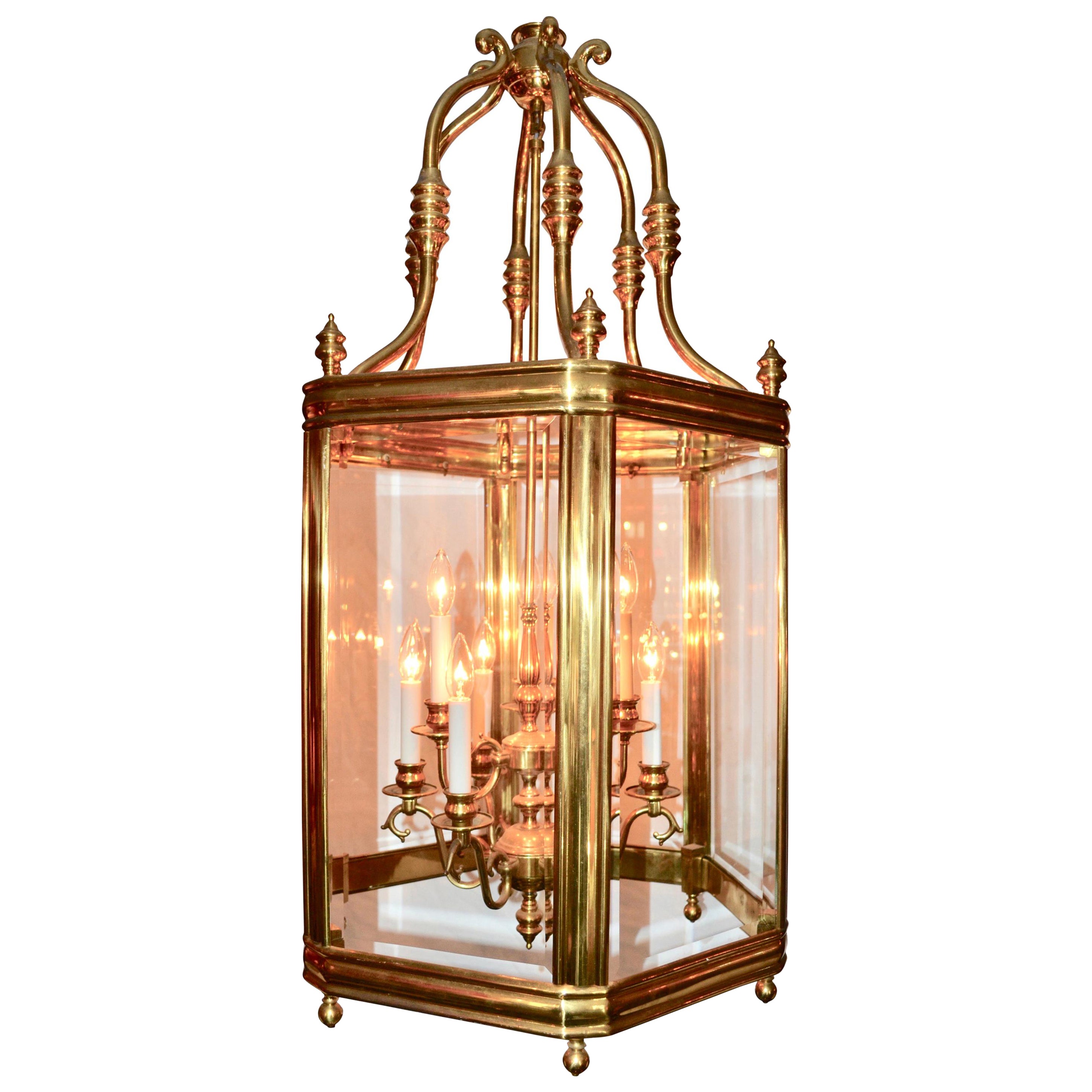 Brass and Beveled Glass Hall Lantern For Sale