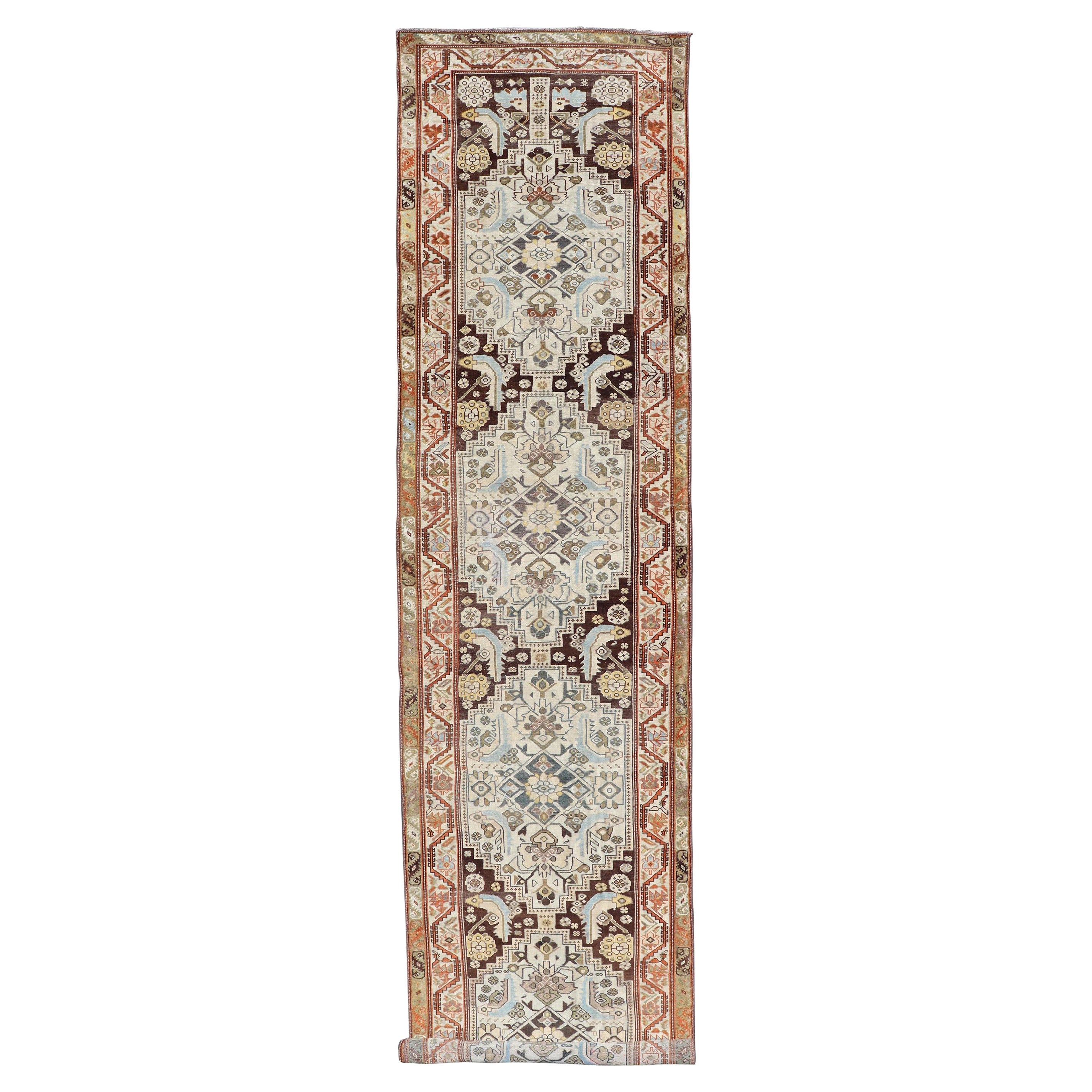Long Runner Antique from Persia Malayer in Gray-Blue and Earthy Tones with Red For Sale