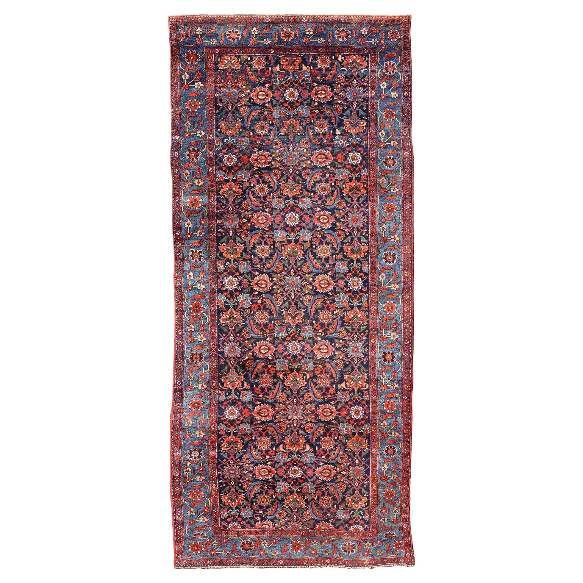 Antique Persian Fine Weave Hamadan Gallery Rug in Red, Blue, Green and Ivory For Sale