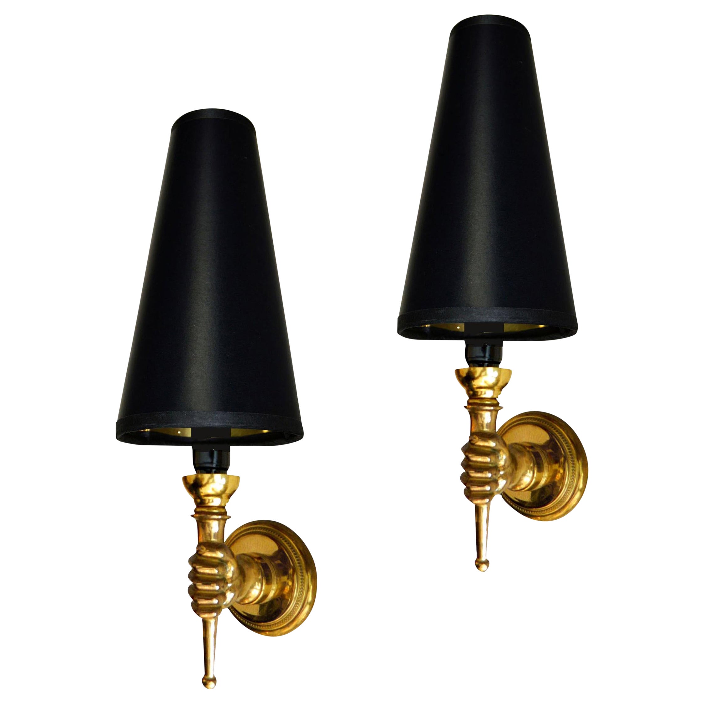 André Arbus French Bronze Neoclassical Hand Sconces, Wall Lamps, Pair For Sale