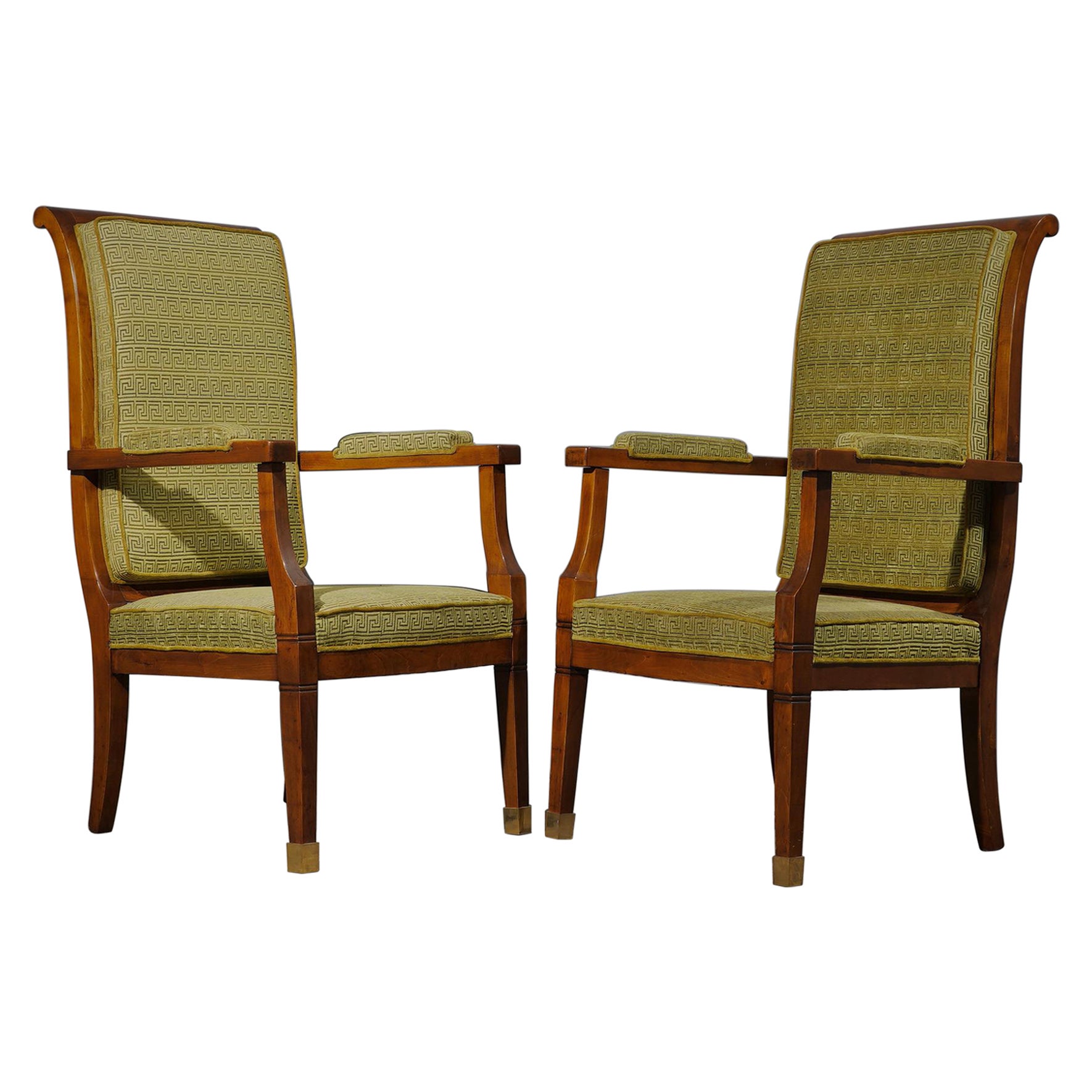 MidCentury Walnut Brass and Velvet ArmChairs, 1950 For Sale