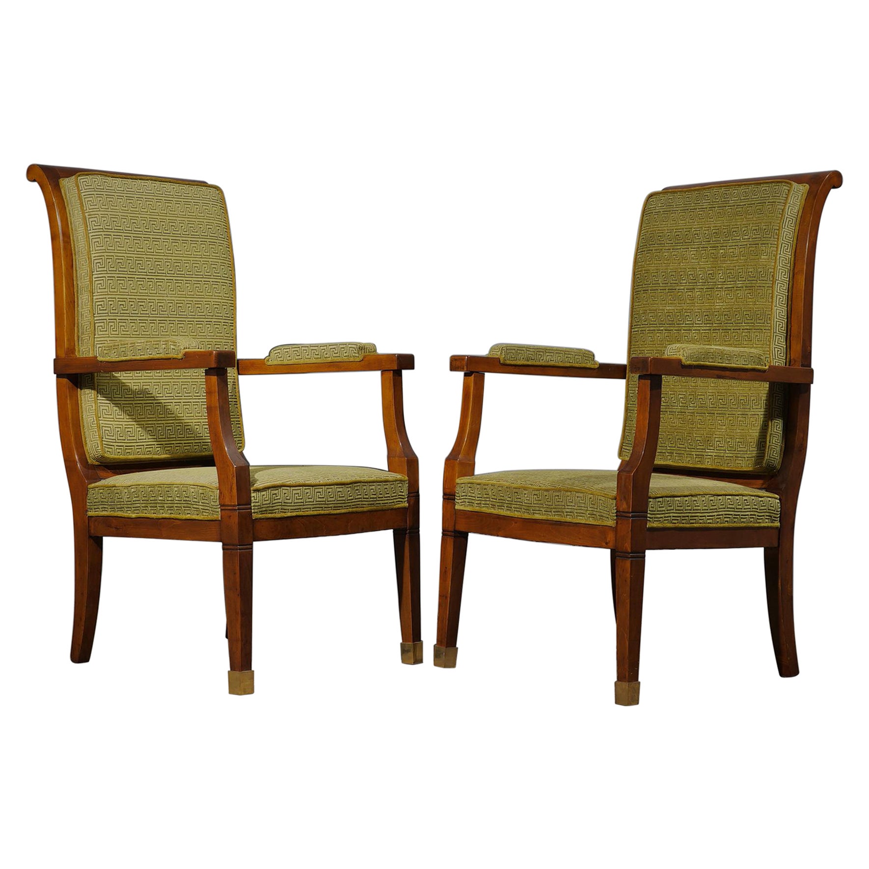 Fauteuils en noyer, laiton et velours du milieu du siècle dernier, 1950