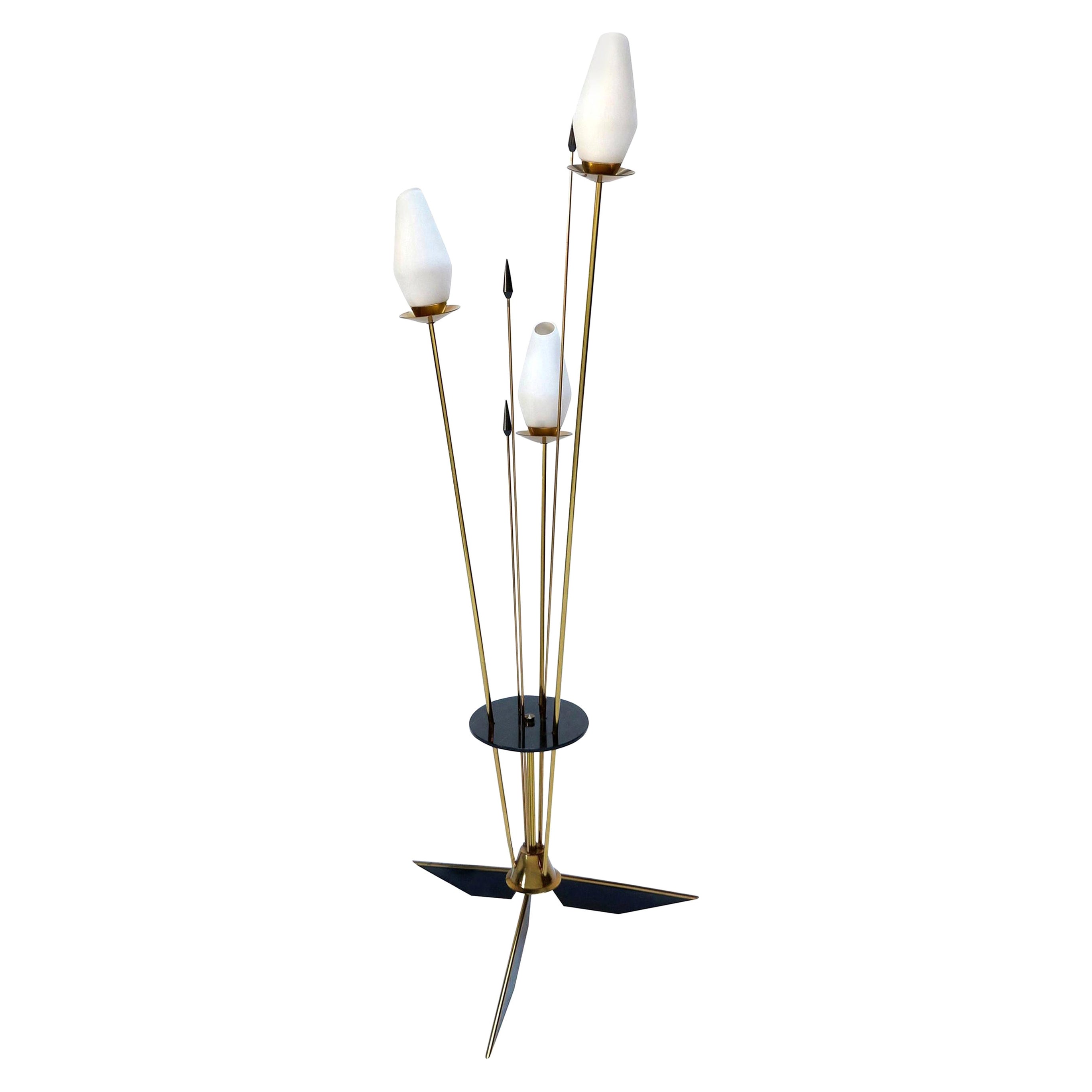 French Brass and Black Metal Floor Lamp with 3 Opaque White Glass Lights, 1950s For Sale