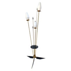 Vintage French Brass and Black Metal Floor Lamp with 3 Opaque White Glass Lights, 1950s