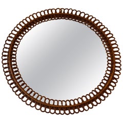 Vintage  1960’s Rattan and Bamboo Round Wall Mirror by Franco Albini