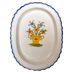 Antique Shell-Edge Prattware Oval Dish Painted with an Urn of Flowers