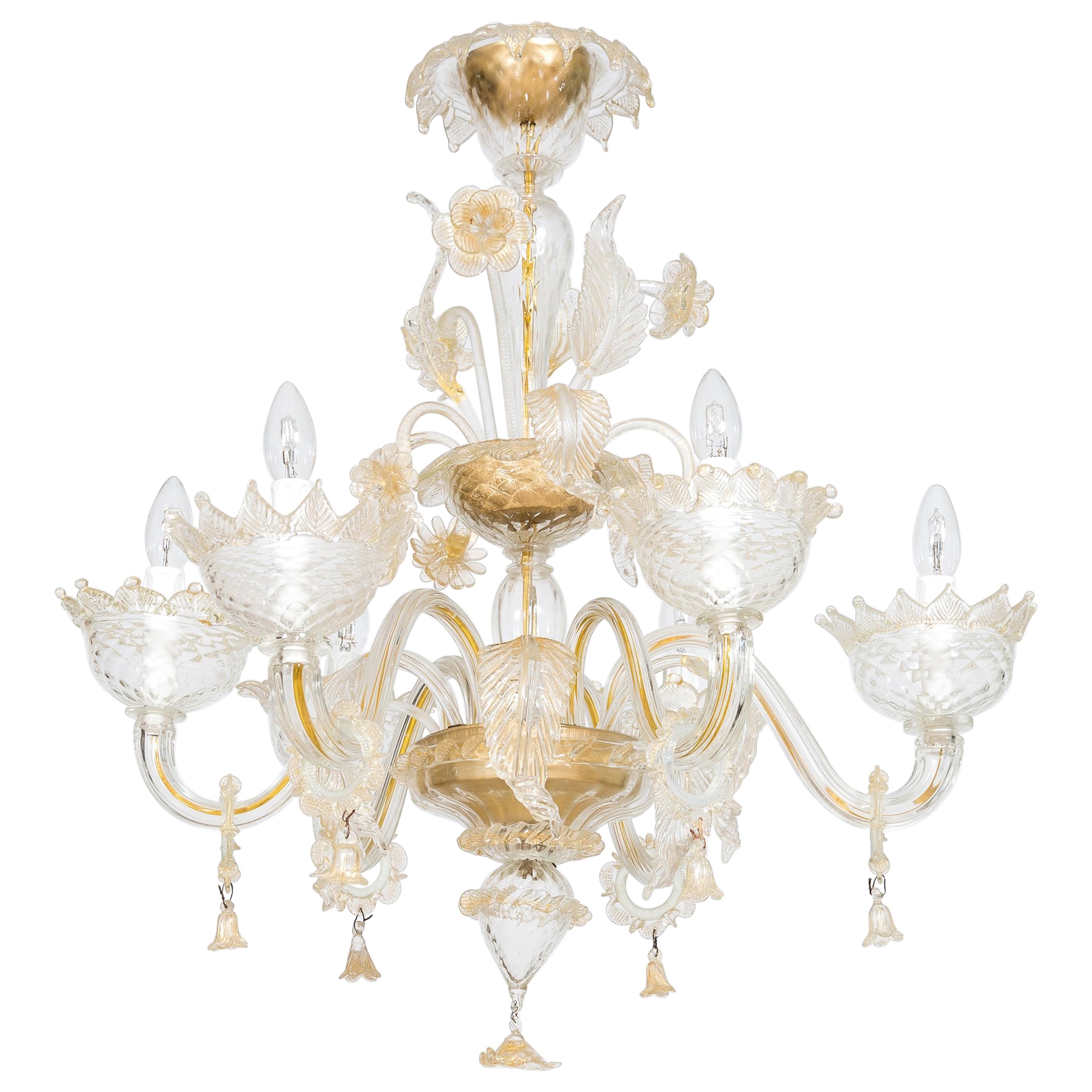 Lampadario in vetro di Murano dorato con decorazioni "Vere", XX secolo, Italia
