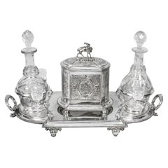 Antique Silver Plated Tantalus 4x Glasses 2x Decanters 19th C