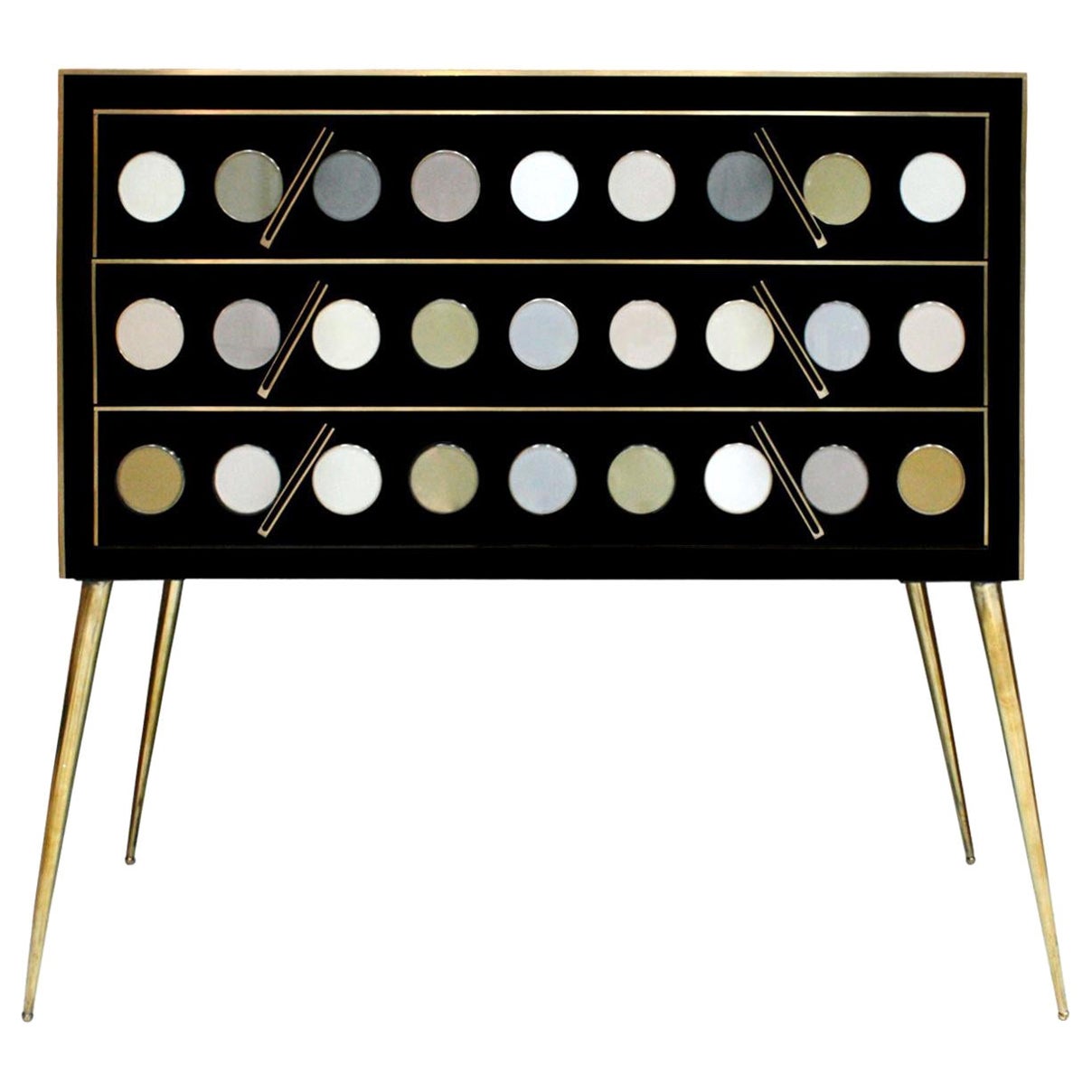 Mid-Century Modern Style Solid Wood Murano Glass and Brass Italian Commode For Sale