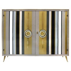 Mid-Century Modern Style Solid Wood Colored Glass and Brass Italian Commode