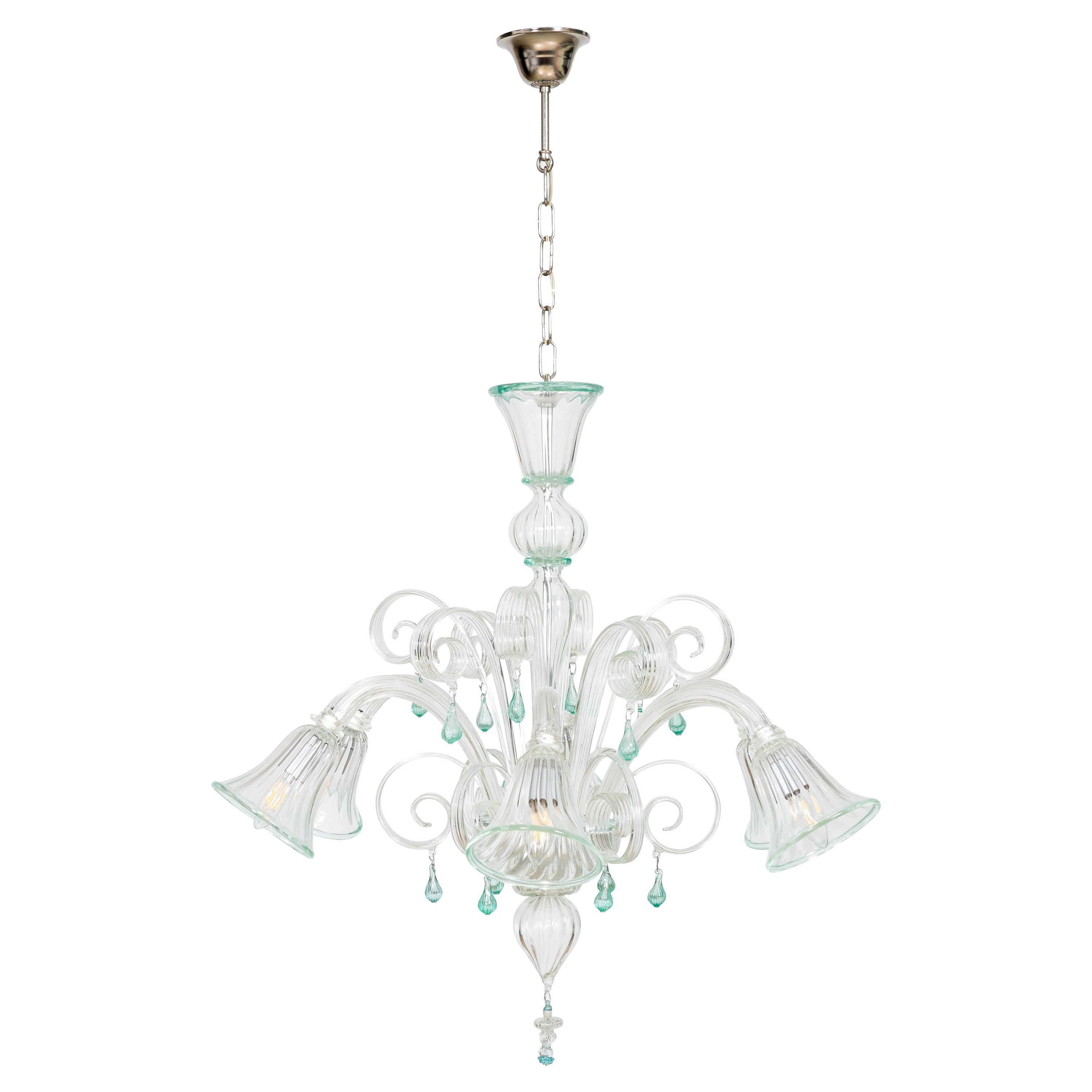 Transparent and Green Bluebell Chandelier in Murano Glass, Italy For Sale