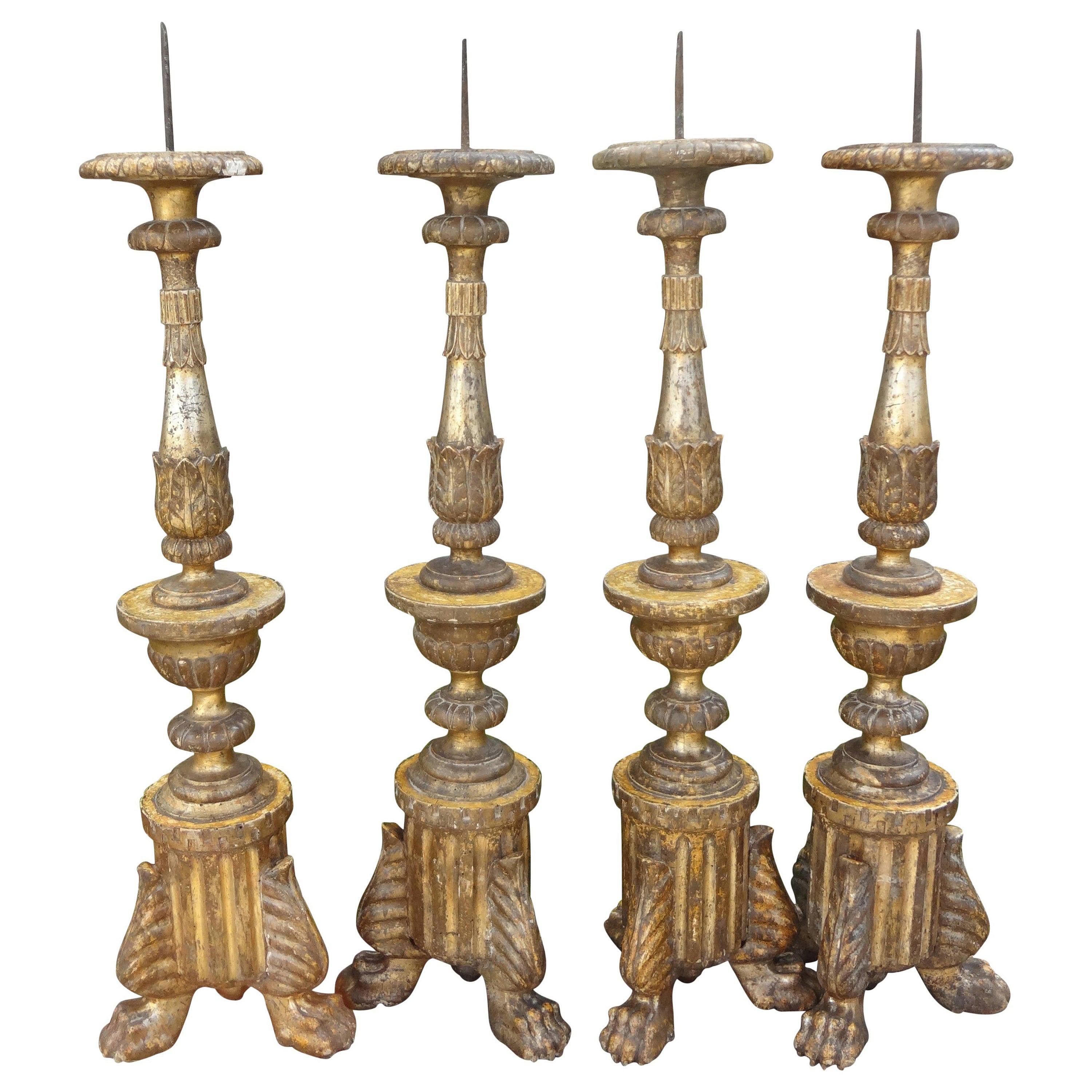18th Century Italian Giltwood Pricket Altar Sticks, Set of 4
