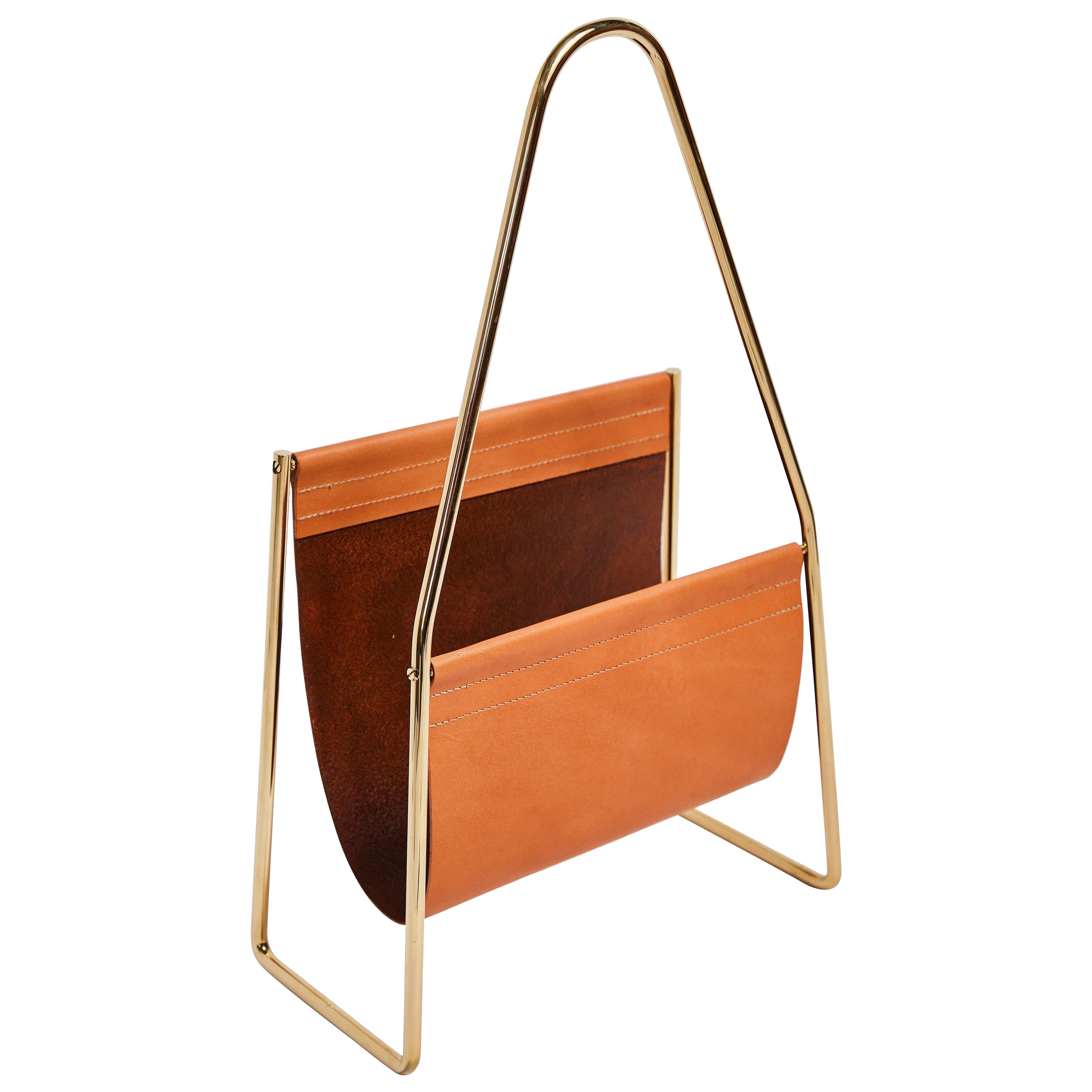 Carl Auböck Model #3808 Brown Leather and Brass Magazine Rack