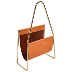 Carl Auböck Model #3808 Brown Leather and Brass Magazine Rack