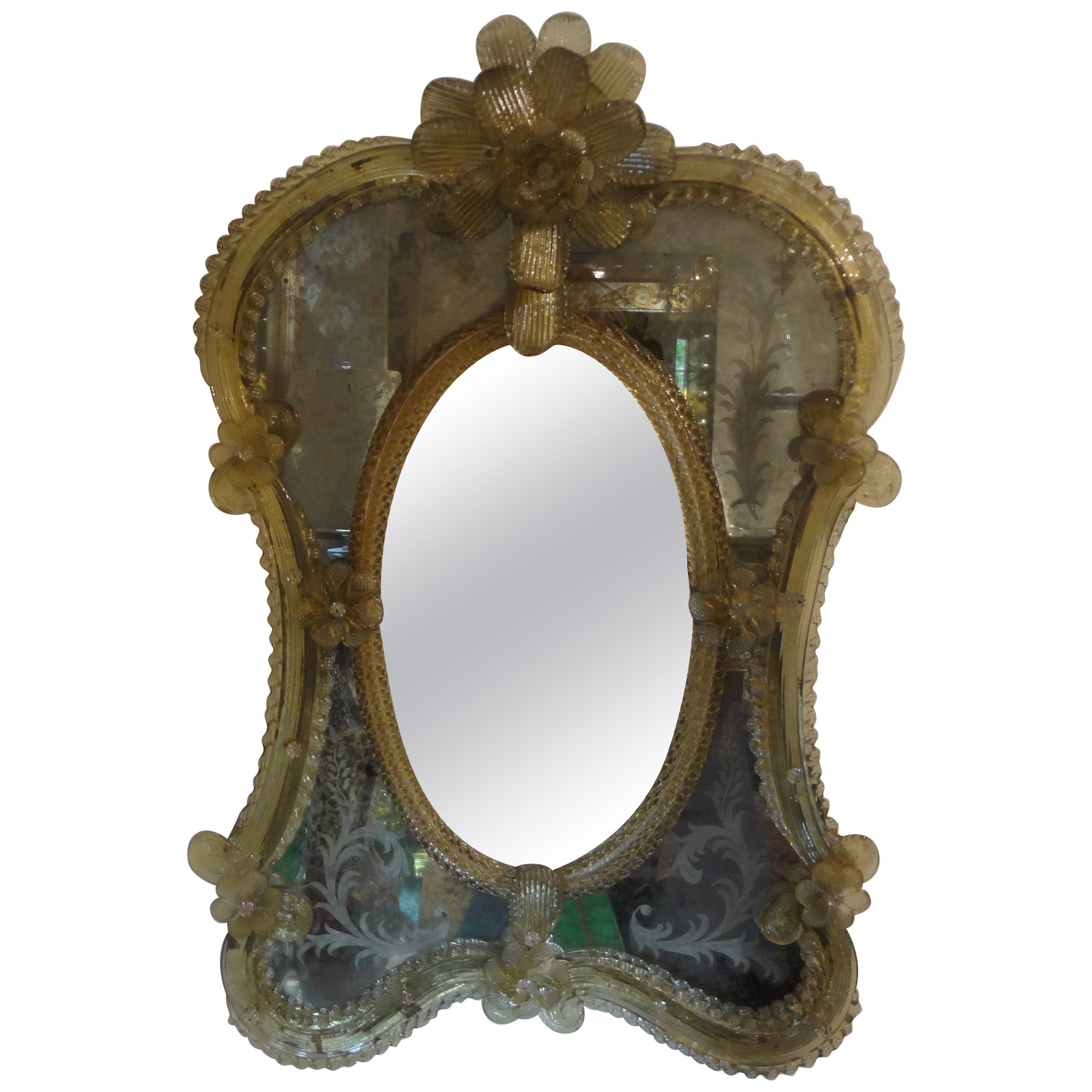 Large Antique Oval Etched Mirror with Bow For Sale at 1stDibs