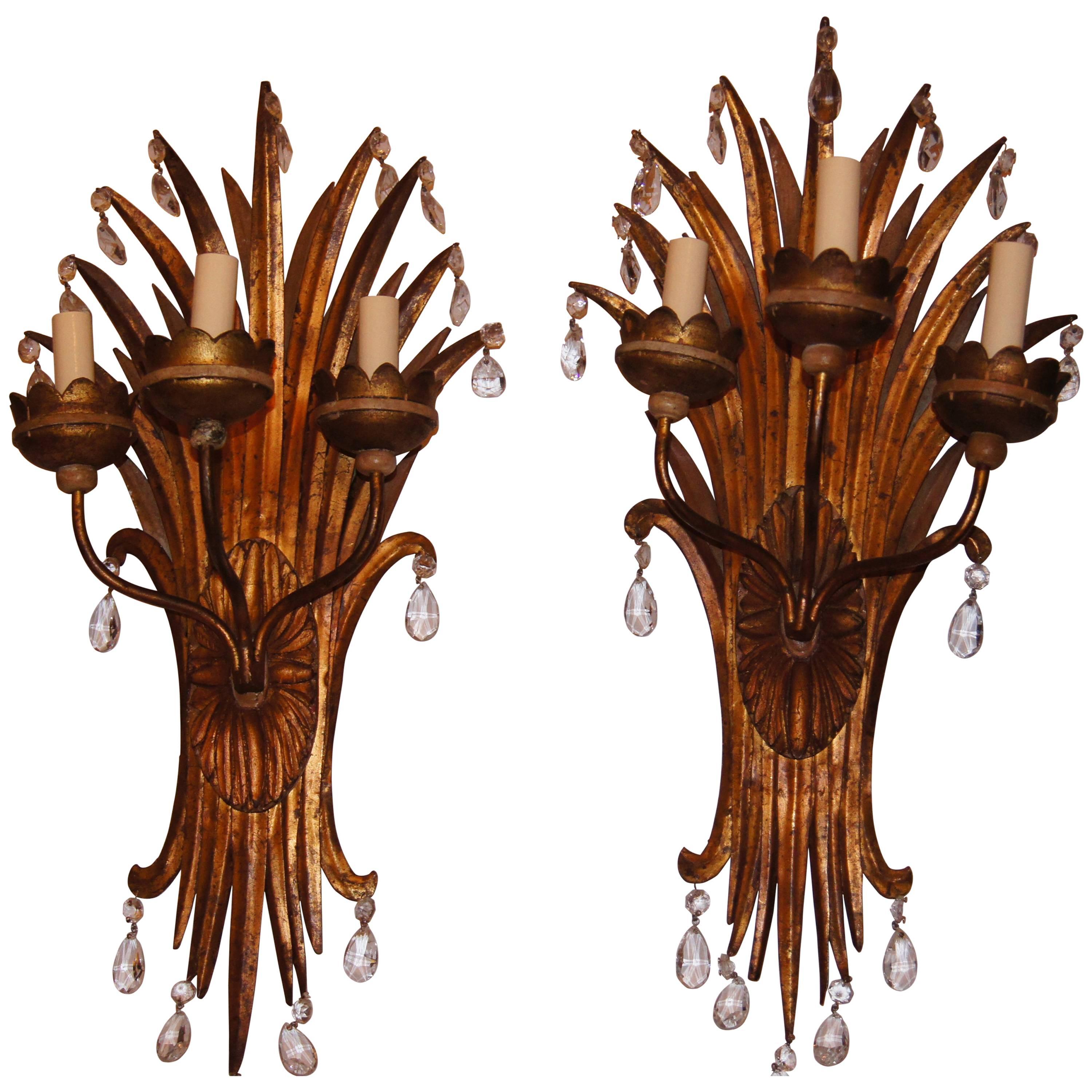 Gilt Metal Palm Sconces with Crystal Drops