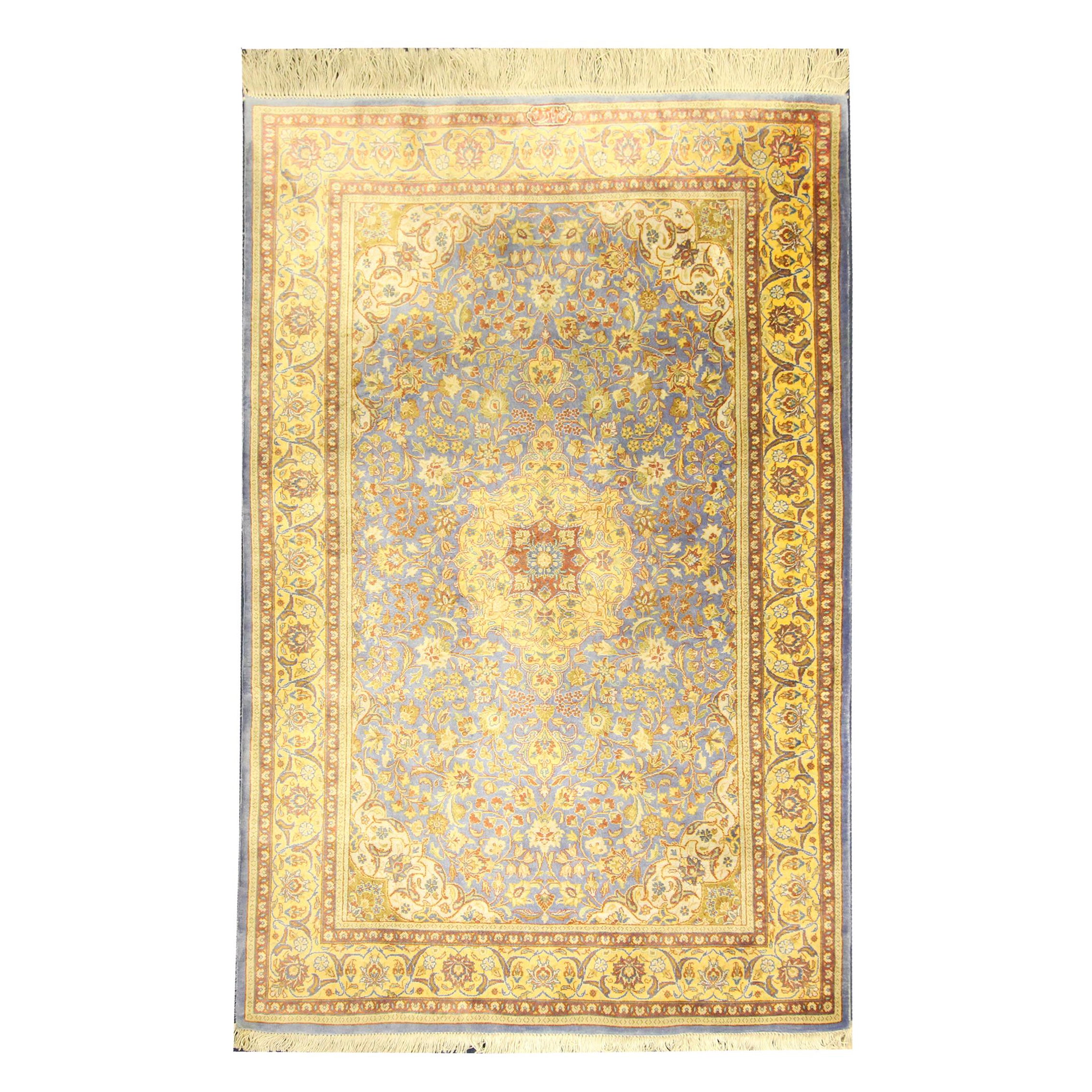 Turkish Pure Silk Rug, Handwoven Oriental Indigo Blue Carpet Rug For Sale