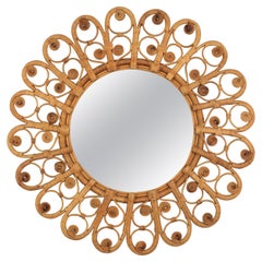 Rattan Round Mirror with Filigree Peacock Frame, Spain, 1960s