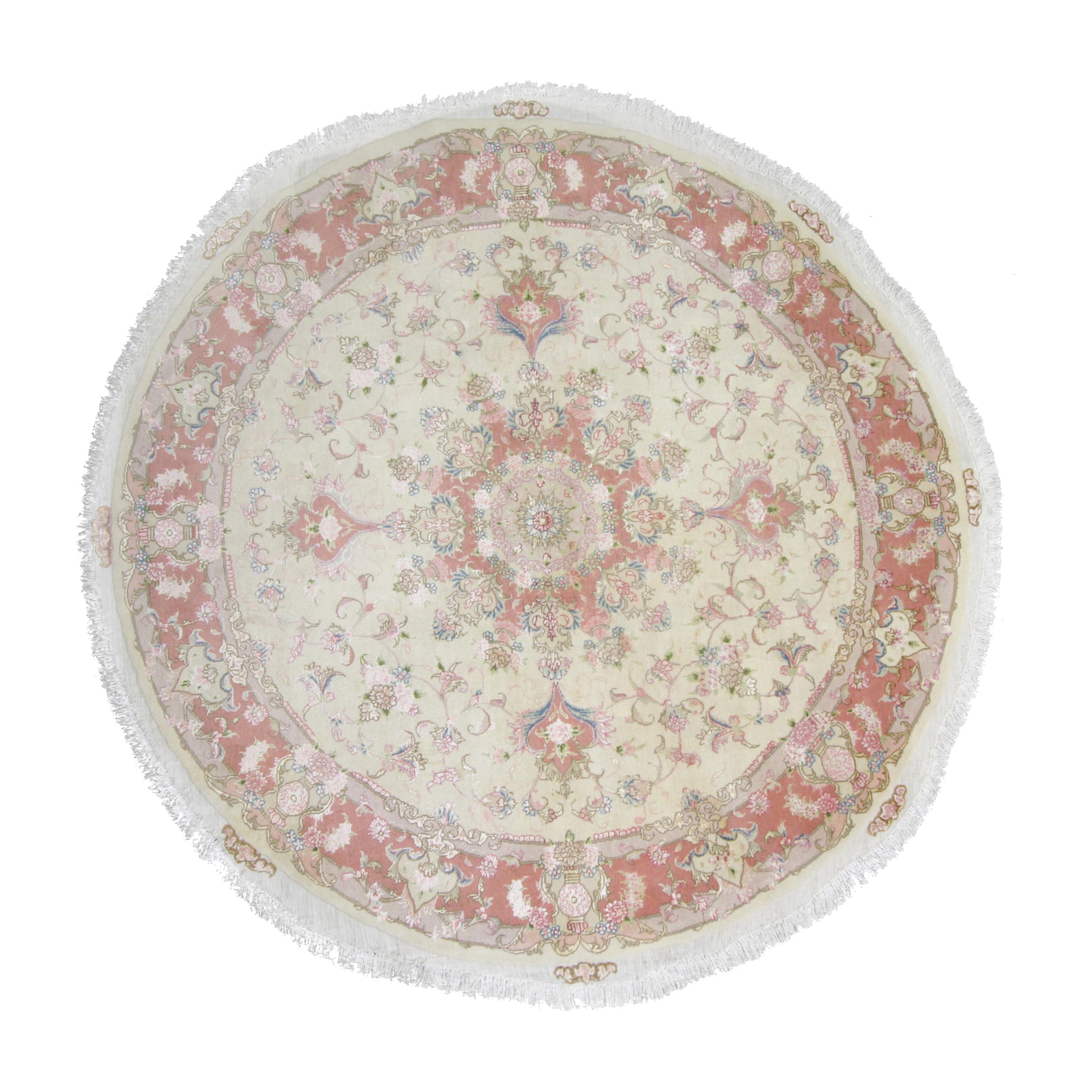 Circular Turkish Wool and Silk Rug, Oriental Cream Pink Handmade Carpet