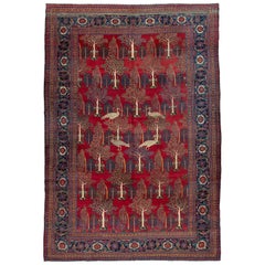 Antique Zabihi Collection Persian Animal Crane Tabriz Willow Carpet