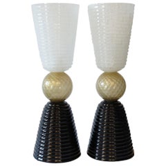 Fratelli Toso Mid-Century Modern Black White Two Murano Glass Table Lamps, 1975