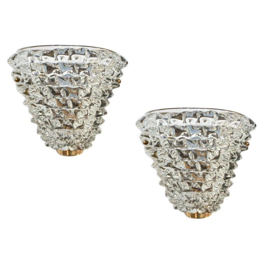 Contemporary Italian Brass & Crystal Rostrato Textured Murano Glass Sconces For Sale