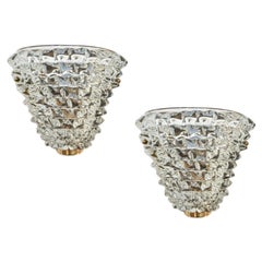 Vintage Contemporary Italian Brass & Crystal Rostrato Textured Murano Glass Sconces