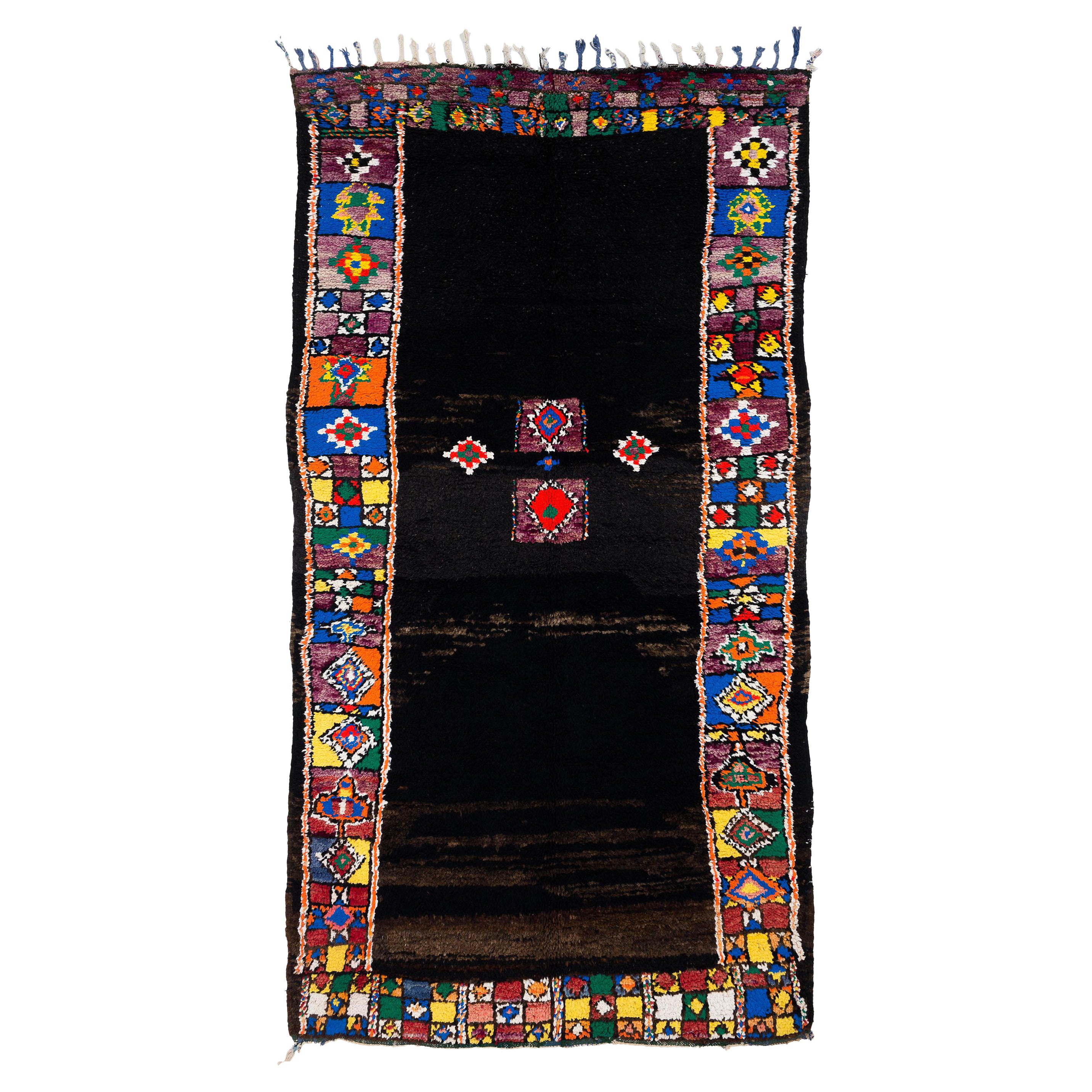 Antique Collectible Black Multicolor Moroccan Wool Shag Midcentury Area Rug