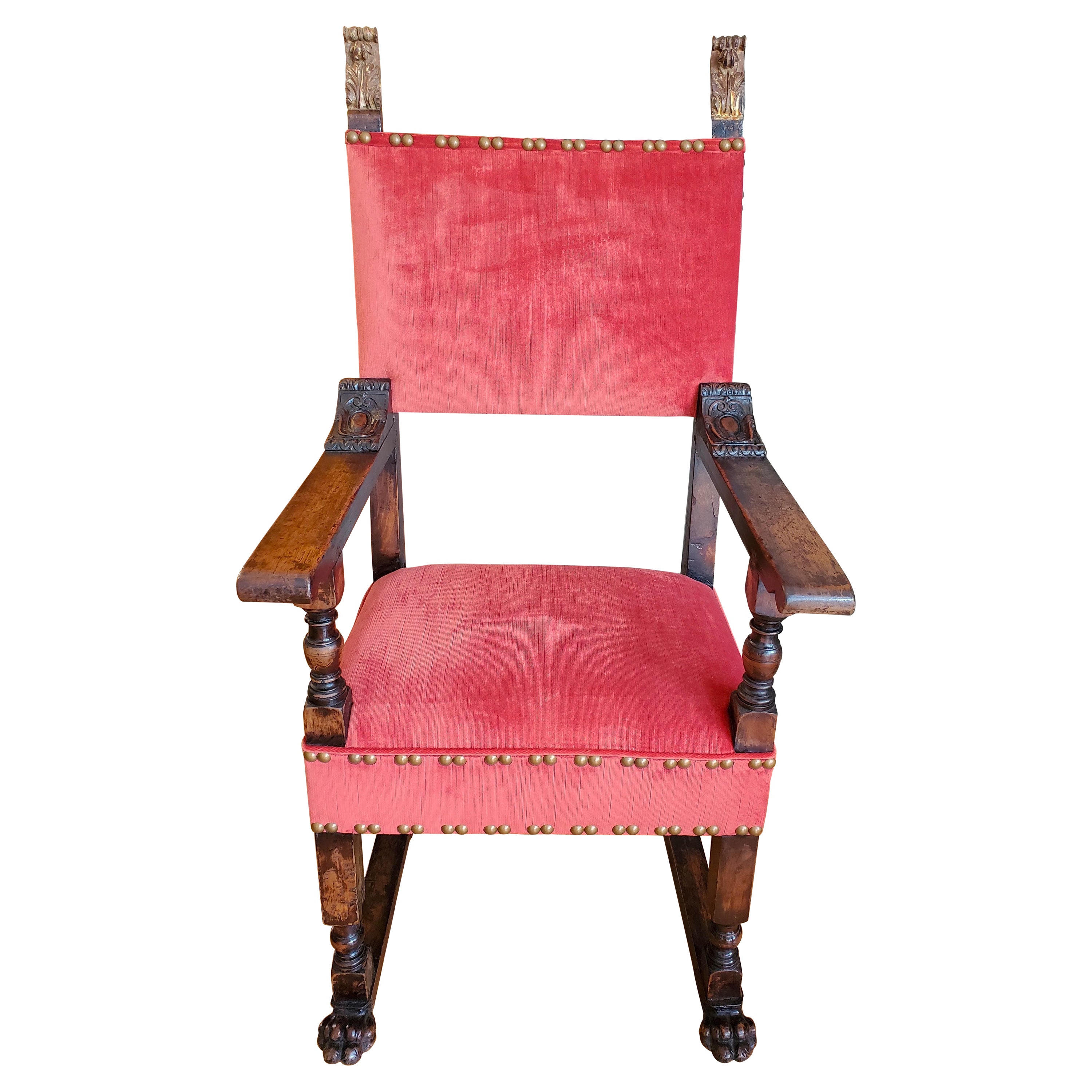 16th Century Italian Renaissance Walnut Armchair Reupholstered in Red Chenille