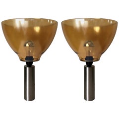 Used Pair of Italian Amber Murano Glass Table Lamps, 1980s