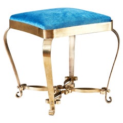 Italian 1950s Brass Stool with turquoise velvet seat
