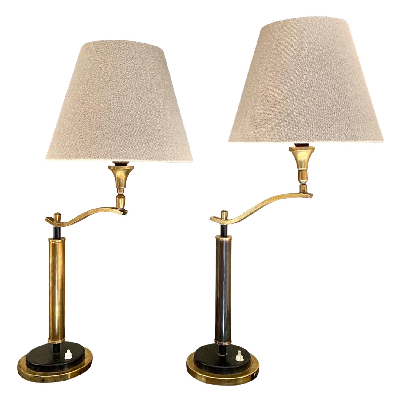 Pair Mid Century French Brass Desk Tablle Lamps by Mathieu For Sale