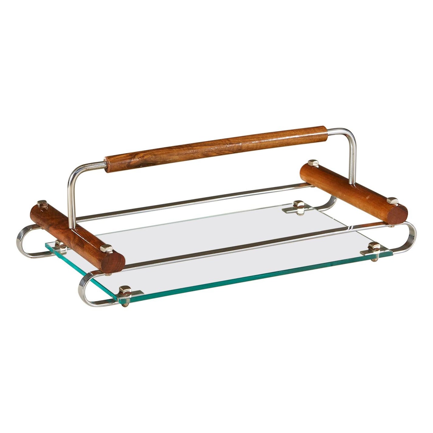Bandeja de cóctel rectangular italiana de madera de frutal, cristal y cromo de los años 40 en venta