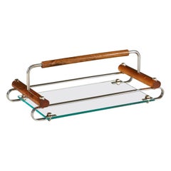Bandeja de cóctel rectangular italiana de madera de frutal, cristal y cromo de los años 40