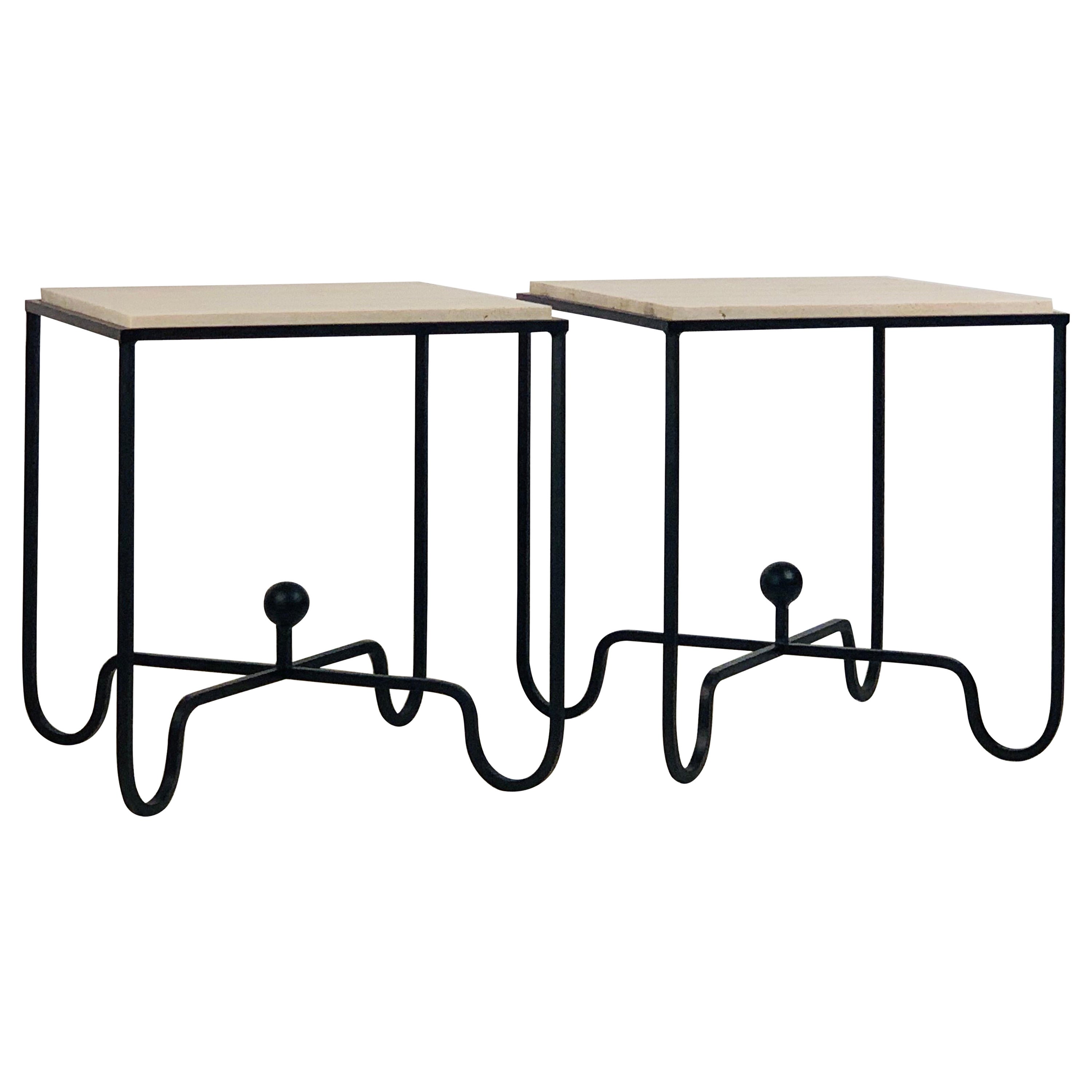 Pair of Tall Iron and Travertine 'Entretoise' Side Tables by Design Frères For Sale