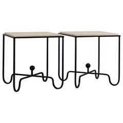 Pair of Tall Iron and Travertine 'Entretoise' Side Tables by Design Frères