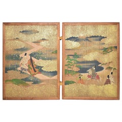 Antique Meiji Era Japanese Two Panel Hand Painted Wood Table Screen Tale of Genji