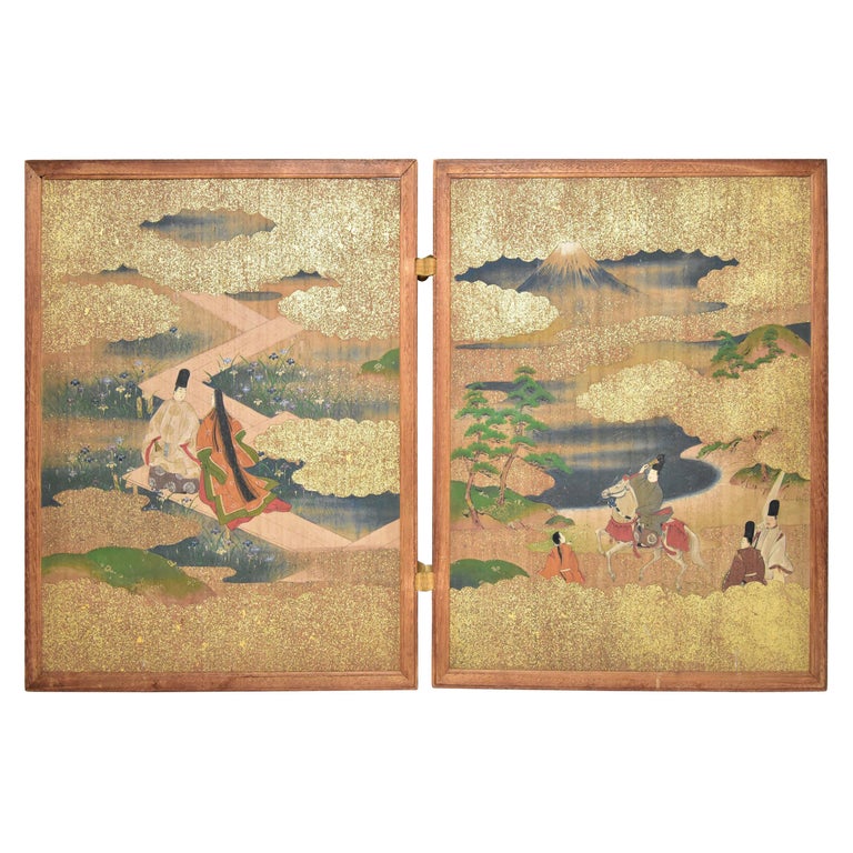 Meiji Era Japanese Two Panel Hand Painted Wood Table Screen Tale of Genji For Sale