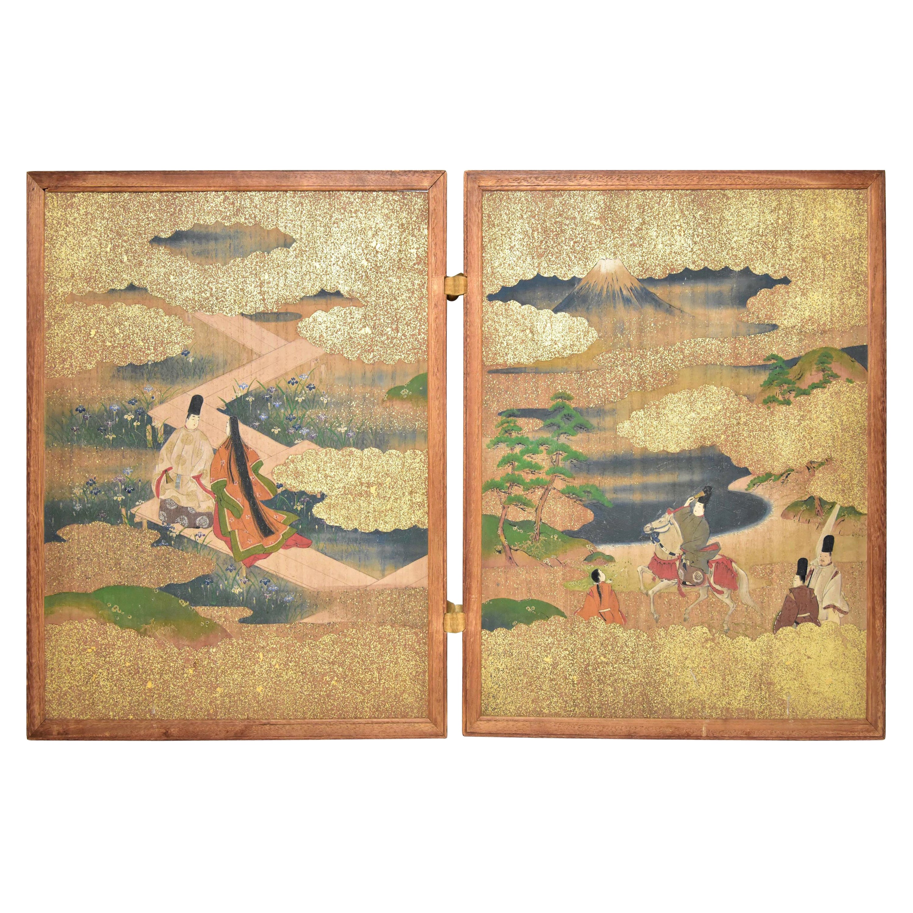 Meiji Era Japanese Two Panel Hand Painted Wood Table Screen Tale of Genji