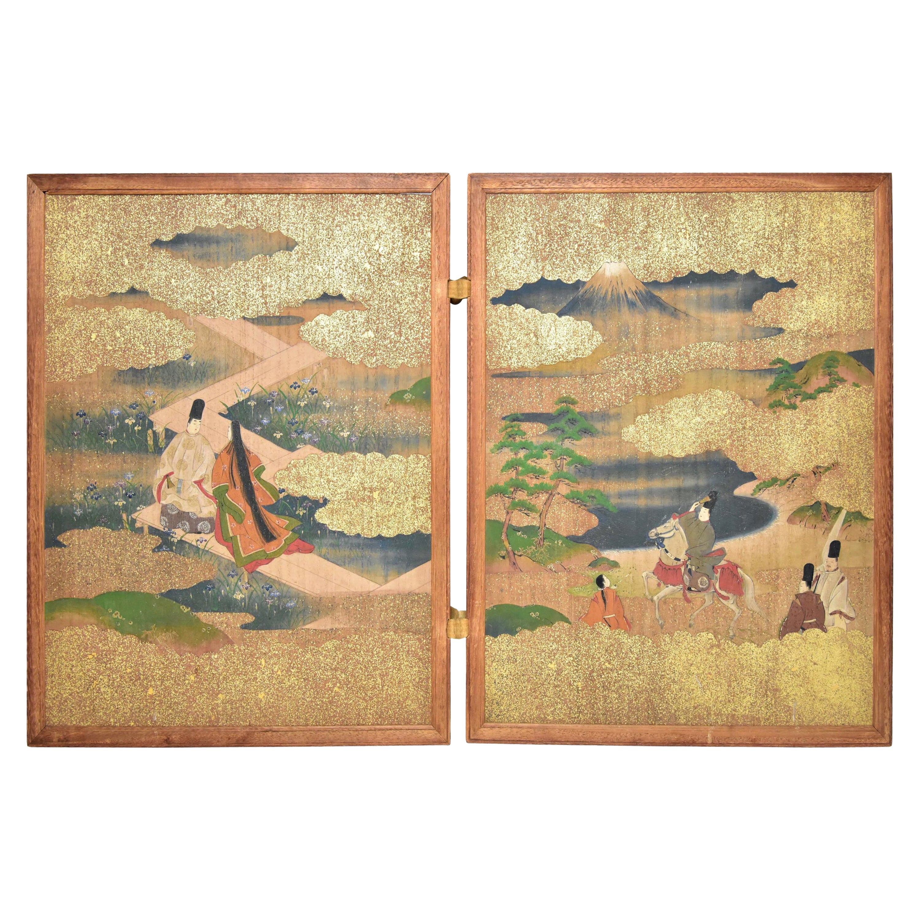 Meiji Era Japanese Two Panel Hand Painted Wood Table Screen Tale of Genji