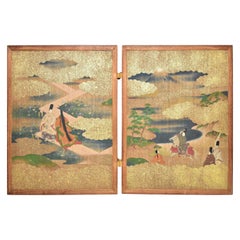 Biombo de Mesa Japonés de Dos Paneles Pintado a Mano de la Era Meiji Cuento de Genji