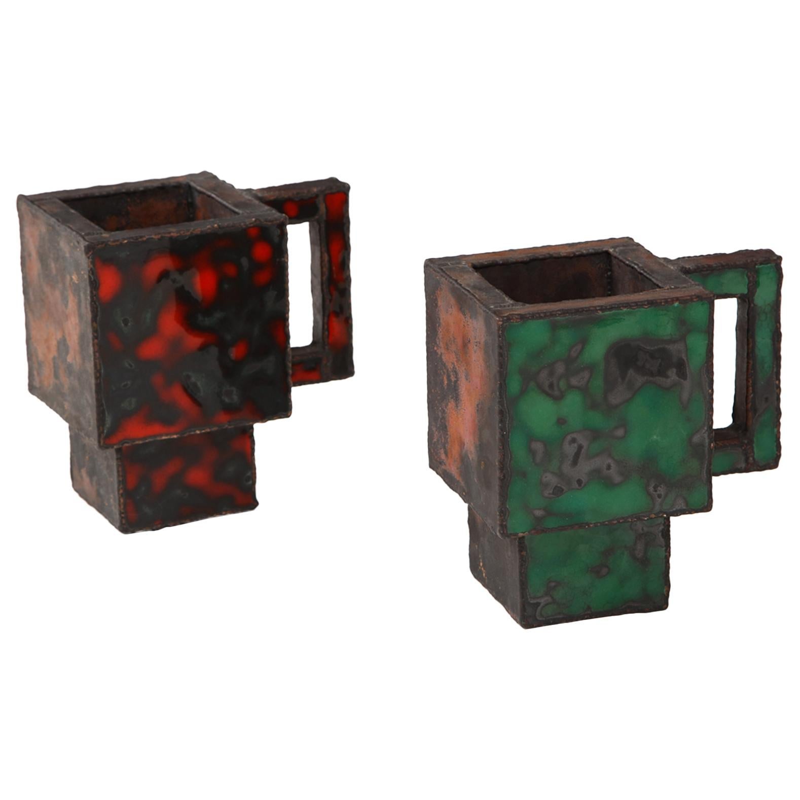 Pair of Red & Green Enameled Copper Mugs by Kwangho Lee, c. 2012 For Sale