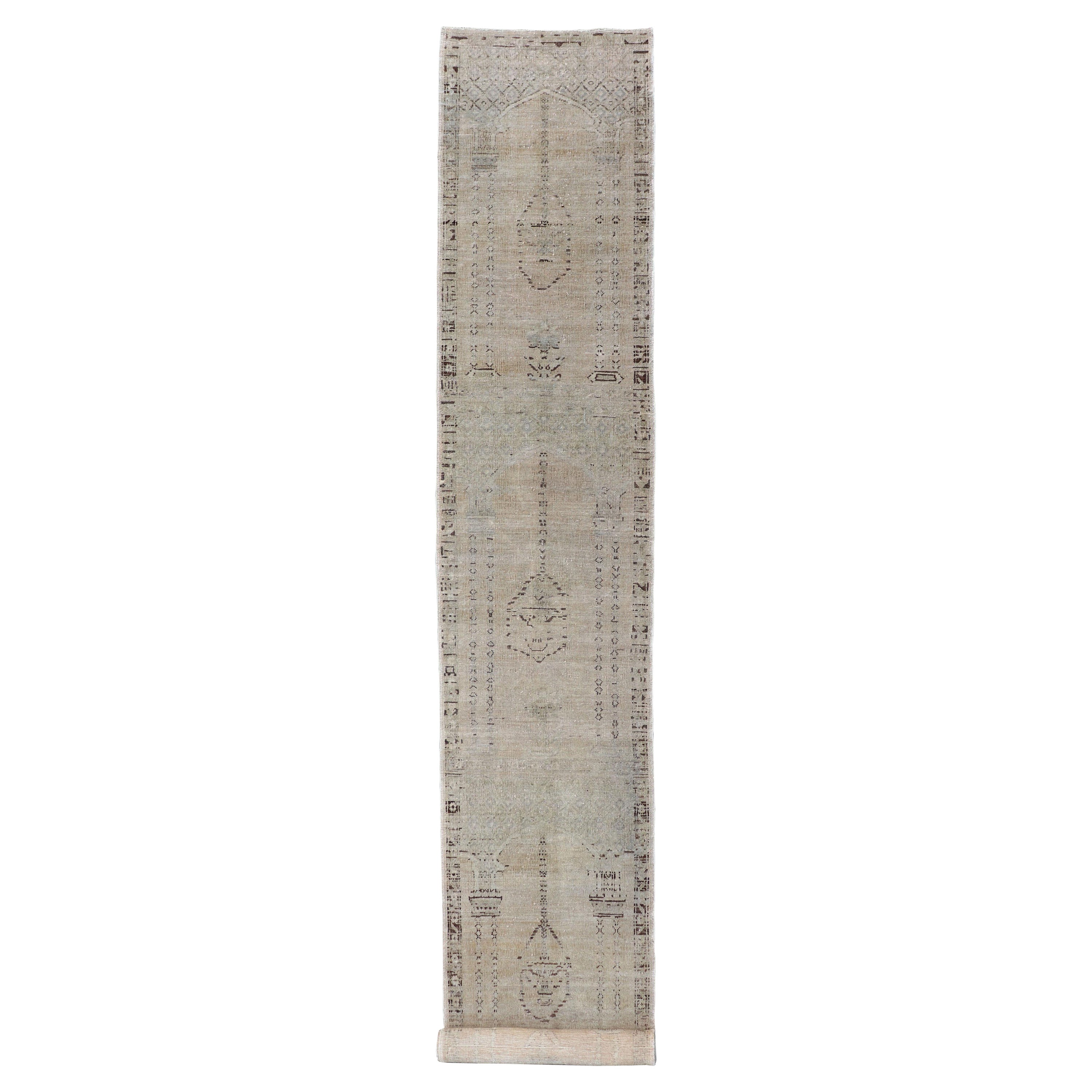 Skinny Long Turkish Runner with Floral Design in Taupe, Gray, and Brown For Sale