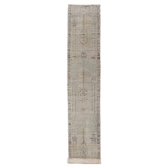 Antique Skinny Long Turkish Runner with Floral Design in Taupe, Gray, and Brown