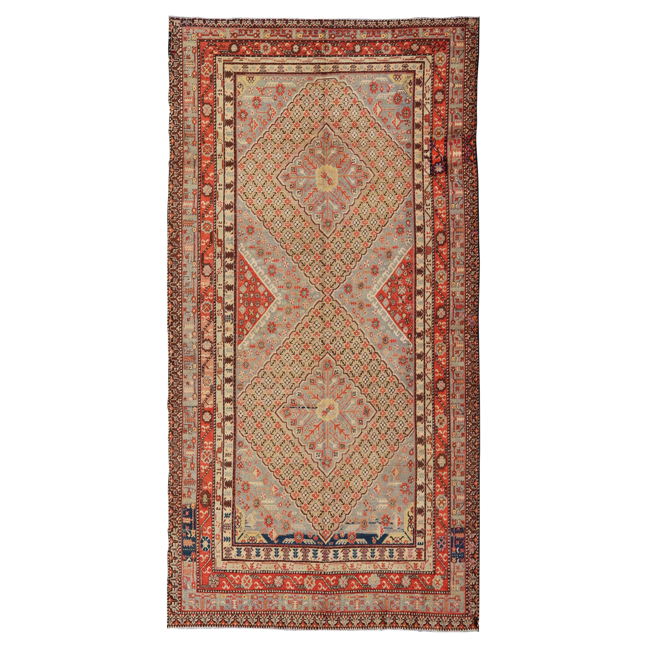 Large Antique Khotan Gallery Rug with Diamonds in Yellow, Orange, Brown & Gray