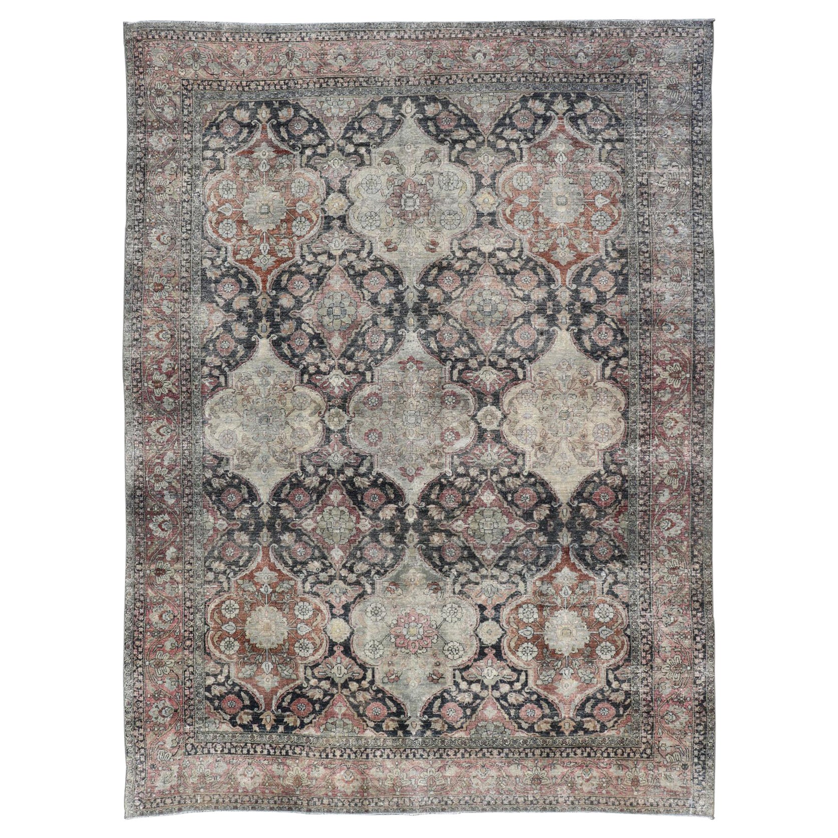 Antique Destressed Persian Yazd Rug in Charcoal, Copper, Warm Gray, Taupe & Rose For Sale