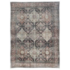 Antique Destressed Persian Yazd Rug in Charcoal, Copper, Warm Gray, Taupe & Rose